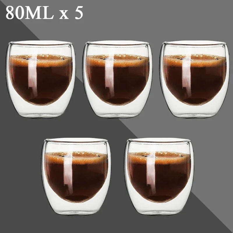 80ML Double Wall Glass Cup Set - Transparent Handmade Heat Resistant Mugs for Tea, Wine, Espresso, Coffee, and Milk