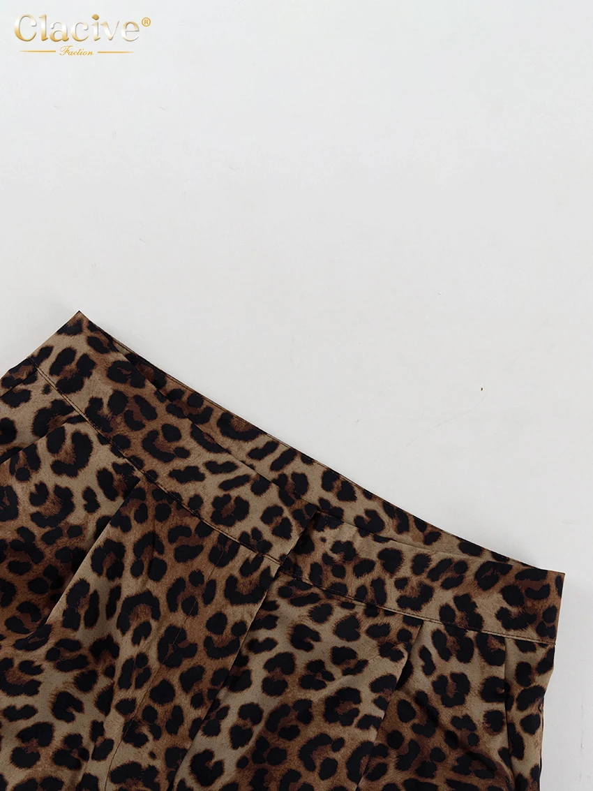 Clacive Sexy Slim Leopard Print Women Two Piece Outfits 2023 Fashion Long Sleeve Shirts With Mid Waits Wide Leg Pants Set Female