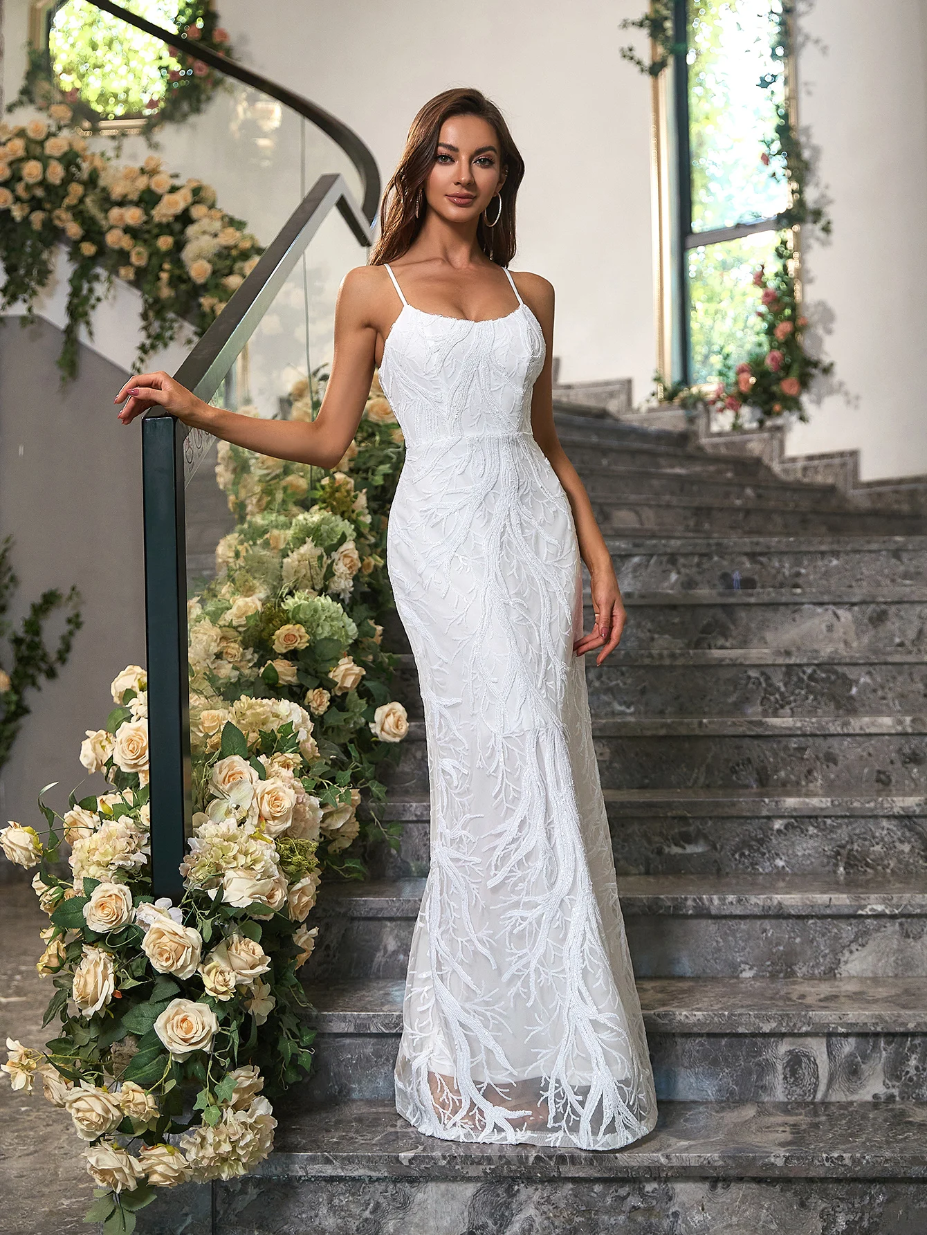 

Angel-fashions Женское длинное вечернее платье Angel-fashions, белое длинное вечернее платье с цветочным принтом, на бретелях, с блестками, модель 986