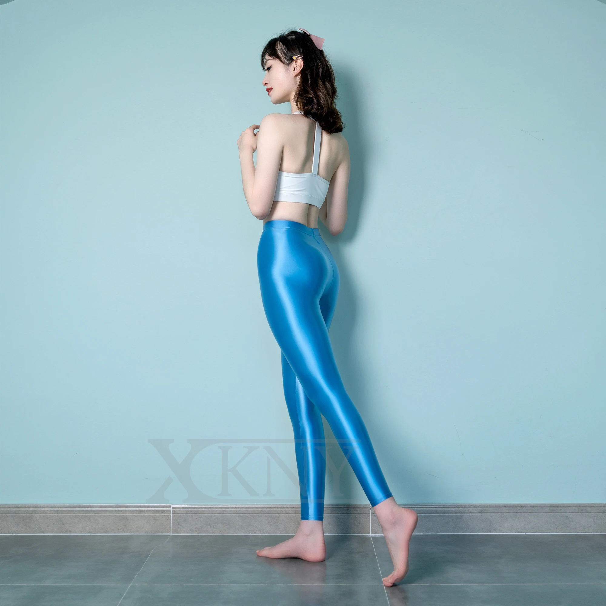 XCKNY Satin silk seamless front crotch opaque pantyhose shiny wet color  tight Leggings high Yoga swimming gloss pants