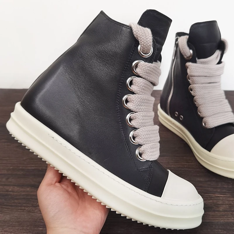 Fashion Men's Casual Shoes Leather Shoes for Women Jumbo Shoelace Black Solid Man Sneakers Lace-up Men's Shoes 3
