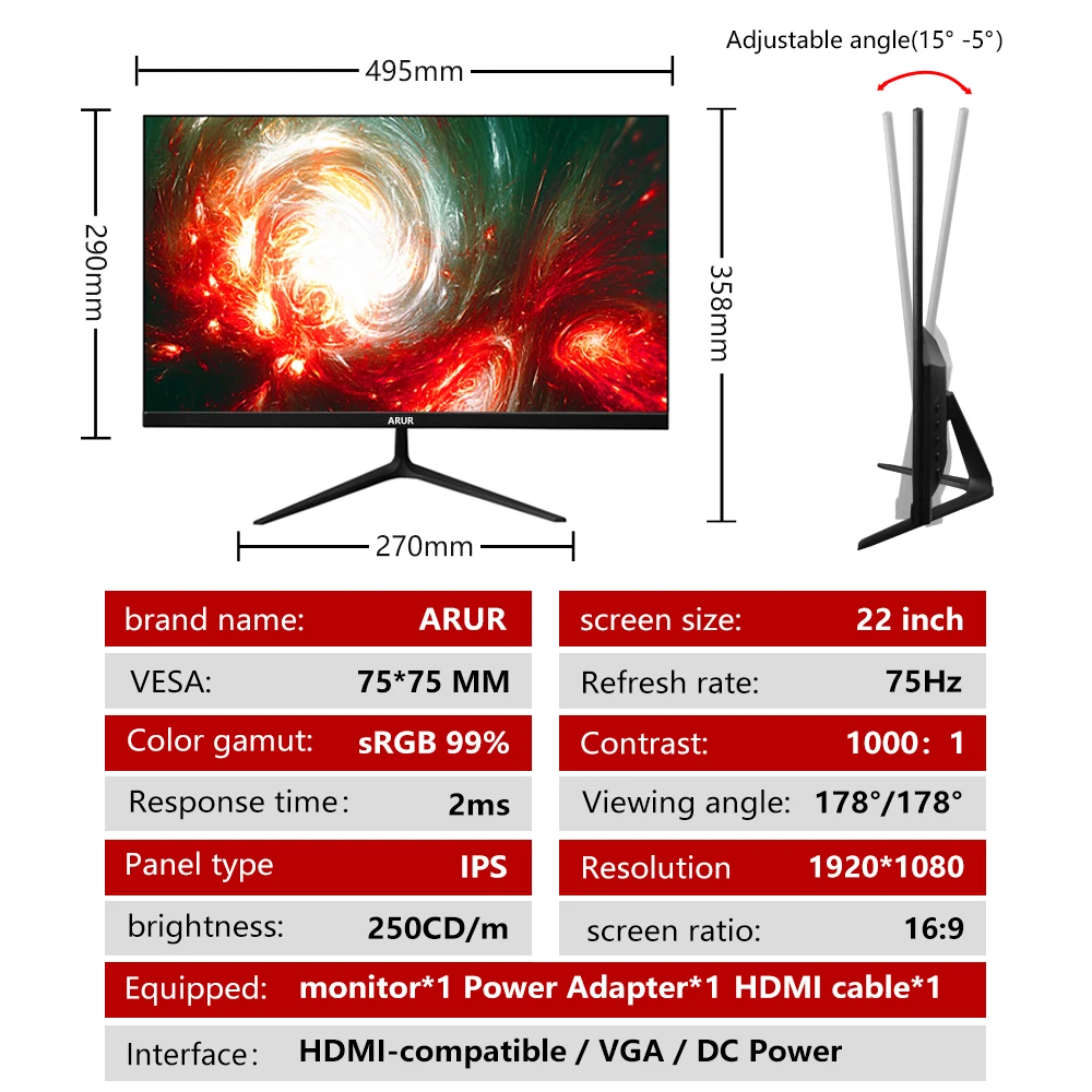 ARUR-R2208E 22 ġ  繫  ǻ ÷ FHD 1080P IPS  ũ, HDMI ȣȯ VGA   1920*1080