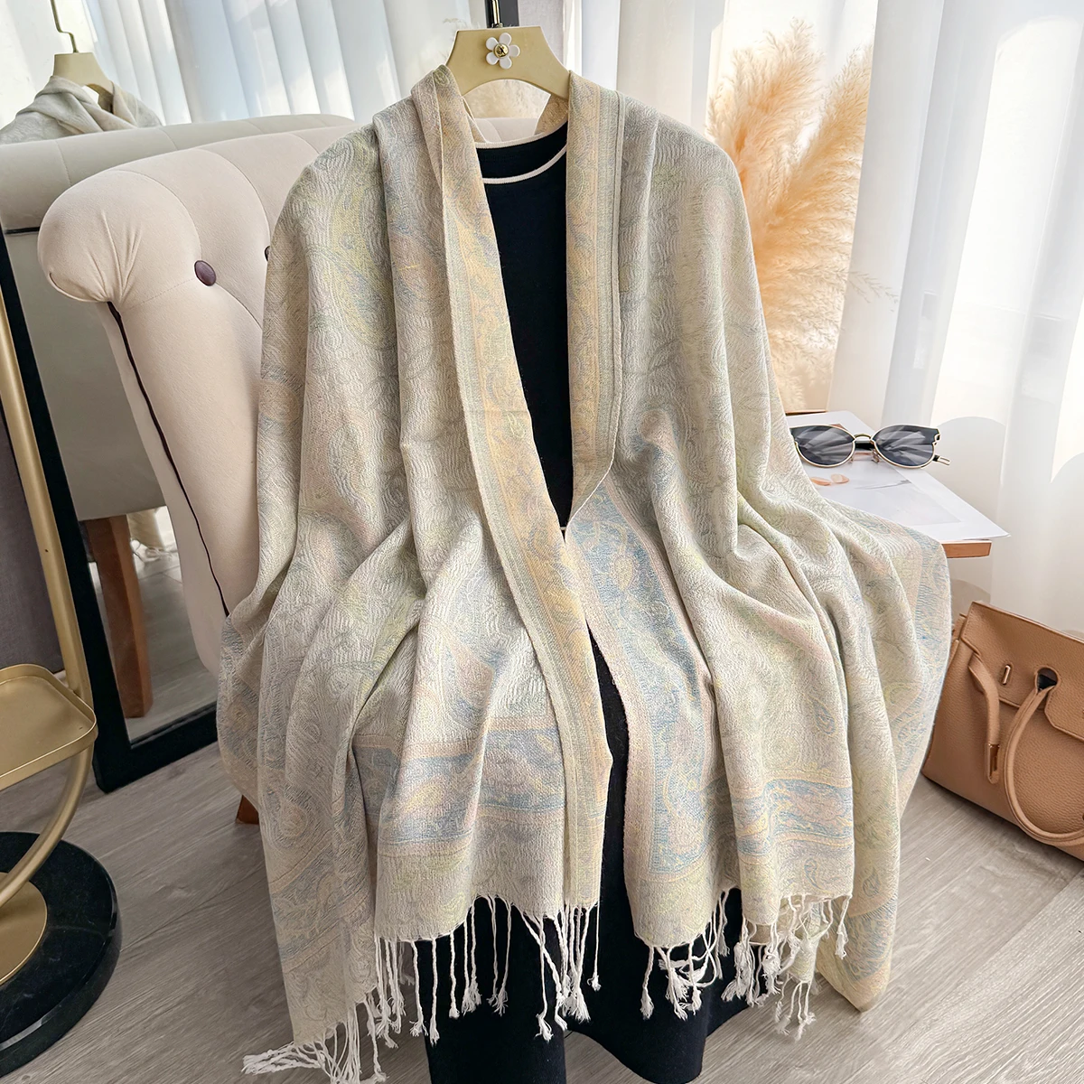 Women's Faux Cashmere Plaid Scarf - Thick Warm Tasseled Printed Pashmina Shawl Wrap, Winter Neckerchief