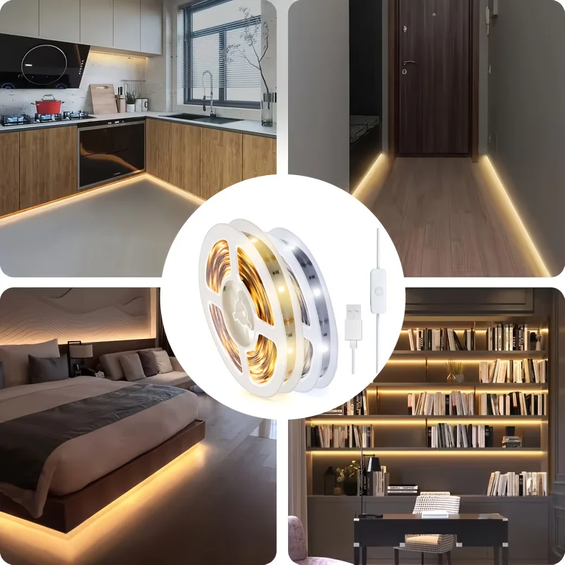 Warm White LED Strip Lights with On/Off Switch - USB Powered, Cuttable, Perfect for Bedroom, Kitchen, Mirror, Home Decor (3.2ft-100ft)