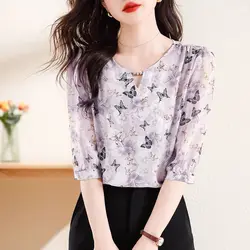 Elegant Fashion Half Sleeve Women's Printed Chiffon Shirt Summer Korean All-match Round Neck Pullovers Blouse Female Clothing