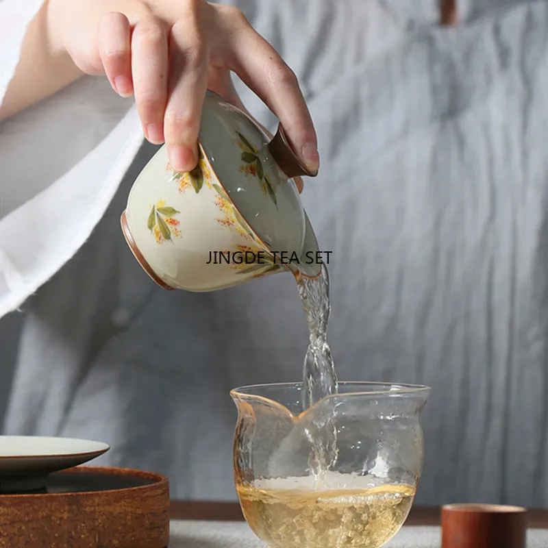 100ml Chinese handmade ceramic lid bowl tea cup hand-painted osmanthus pattern travel tea bowl