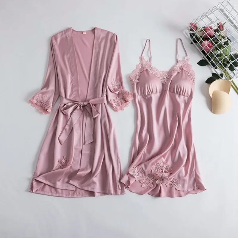 2023 Summer Autumn Pajamas Women Sexy Two Piece Ice Silk Thin Large Sleeves Pajama Dresses with Chest Pads for External Wear