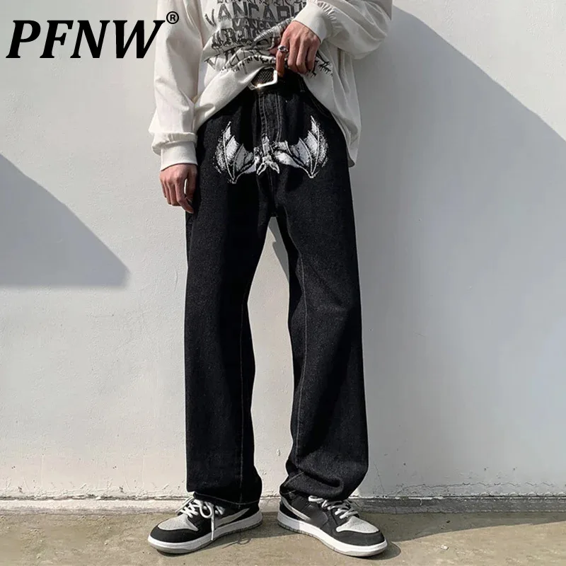

PFNW Hip Hop Spoof Portrait Print Denim Pants Men's High Street Loose Straight Leg Streetwear Casual Jeans Male Trousers