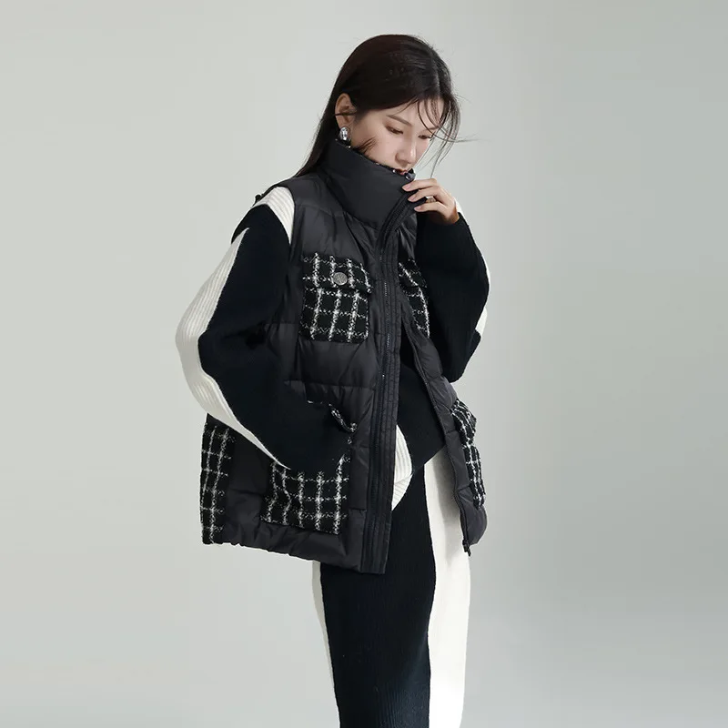 Down Vest Coat Women White Duck Outerwear Autumn Winter Square Contrast Stitching Patch Checkered Pocket Jacket Black Waistcoat