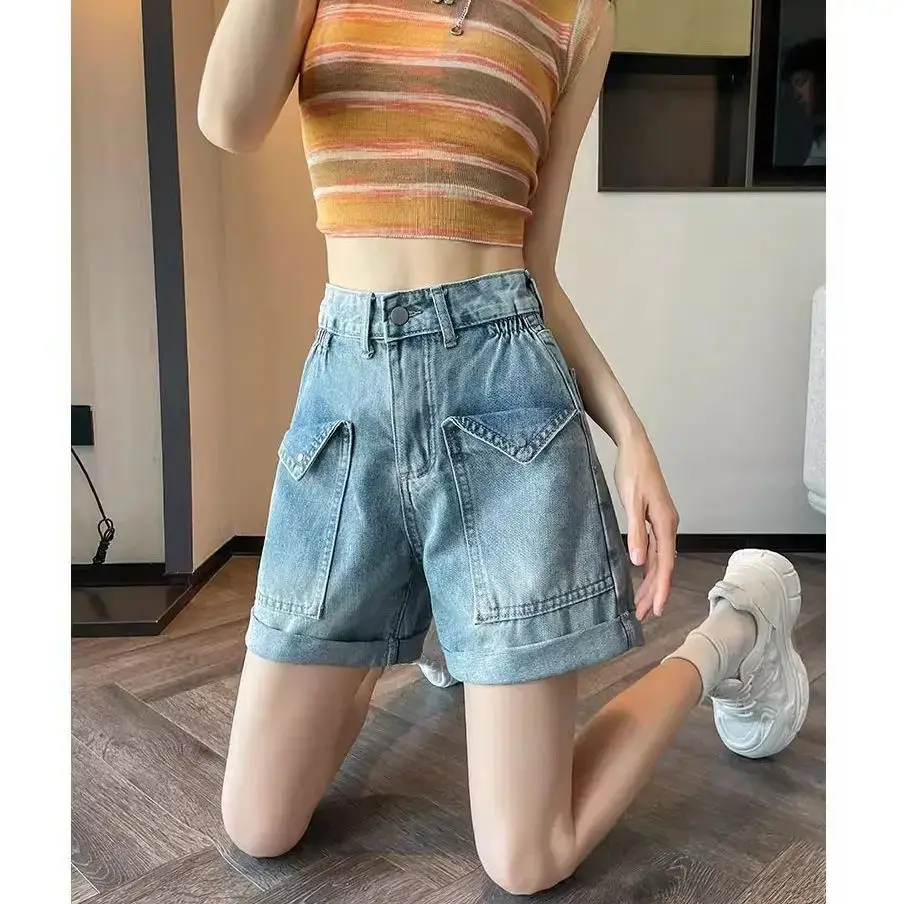 Denim Shorts Rolled Pocket Design Loose Wide Leg Women'S 2024 Summer Thin Versatile Slimming Side Elastic Waist Straight Pants