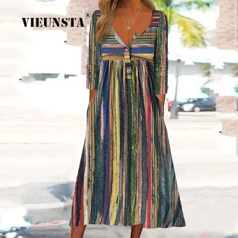 

Женское винтажное платье макси с принтом, повседневное свободное платье-пуловер трапециевидной формы на пуговицах, с V-образным вырезом, в стиле пэчворк, осень 2023