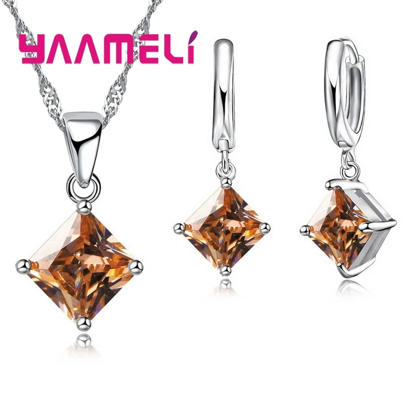 Jewelry Sets Jewelry Set Women Earrings Chain Necklace Women Pendants Necklace Simple Geometry Square Earrings Crystal 925 Sterling Silver Jewelry Sets for Wedding