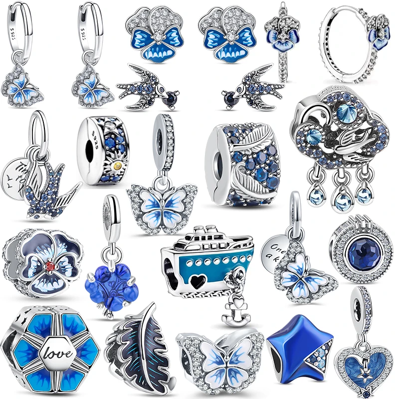 Nuovi Ciondoli In Argento S925 Serie Blu Fermagli Di Piume Di Perline Di Fiori Di Mutandine Borchie Di Rondine Adatti A Braccialetti Pandora Originali