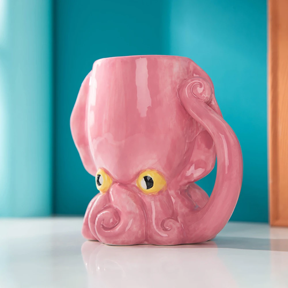 

Funny Pink Octopus Ceramic Coffee Mug with Tentacle Handle Handcrafted Novelty 3D Porcelain Coffee Cups Personalized Gifts