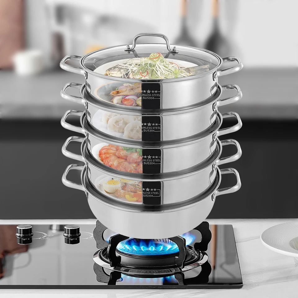 Vaporiera Acciaio Inox 5 Strati 30cm Cottura Sana Fornello A Vapore In Acciaio Inox - 5 Strati, 30 Cm, Coperchio In Vetro, Impilabile Pentola A Vapore 30cm