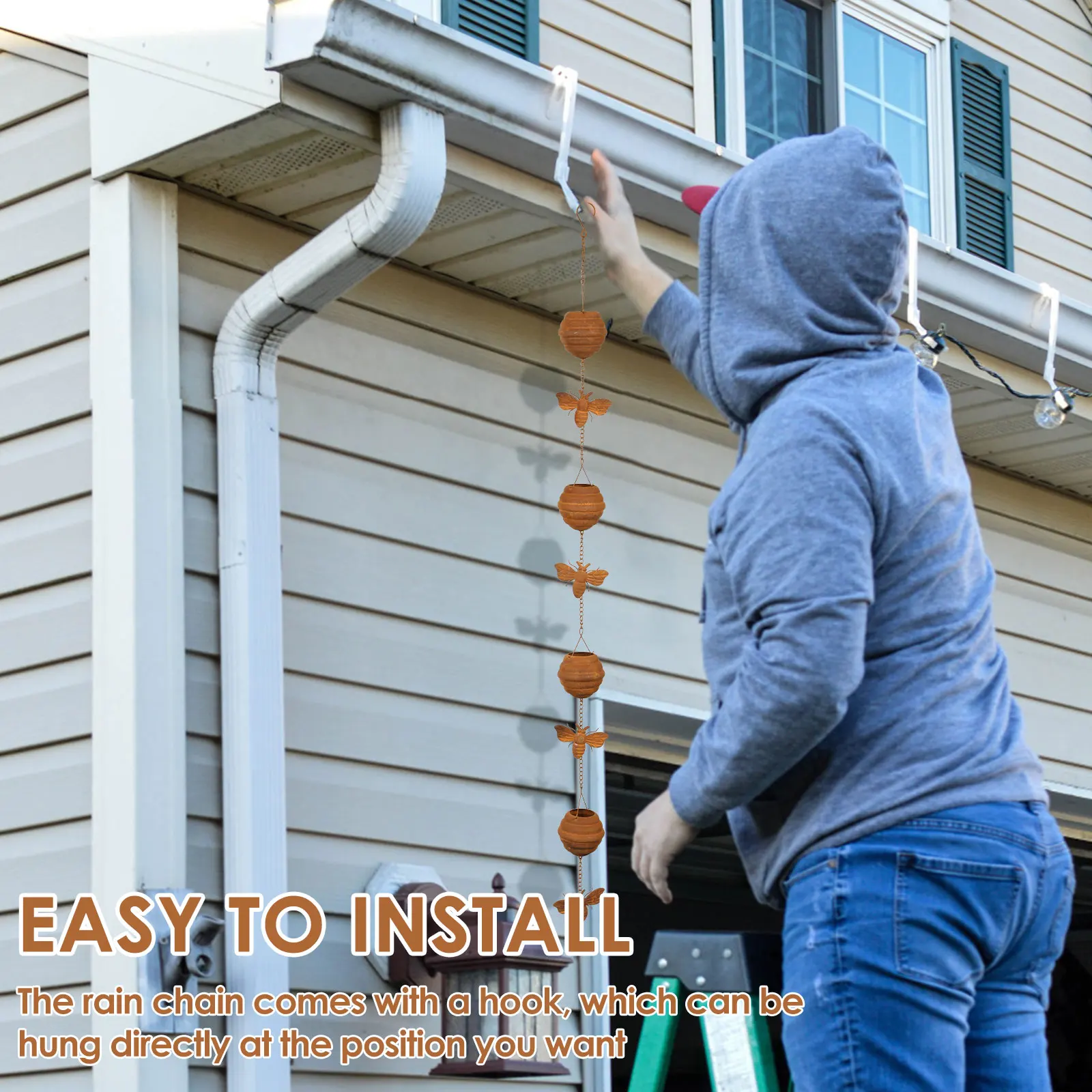 Metal Rain Chain Decorative Rainwater Diverter with Hook Exquisite & Retro Appearance Rain Cup Chime for Garden Patio Courtyard