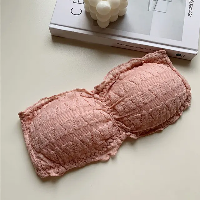 2021 Female Summer Crop Tank Top Women Fashion Deep V Lace Bras Embroidery Floral Tank Top Bra Wrapped Chest Camisole Padded Bra pink 6