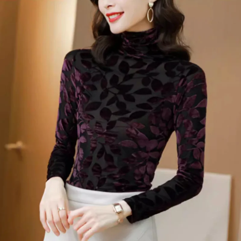 High Collar T Shirt - Korean Fashion Floral Mesh Long Sleeve Tees For Women