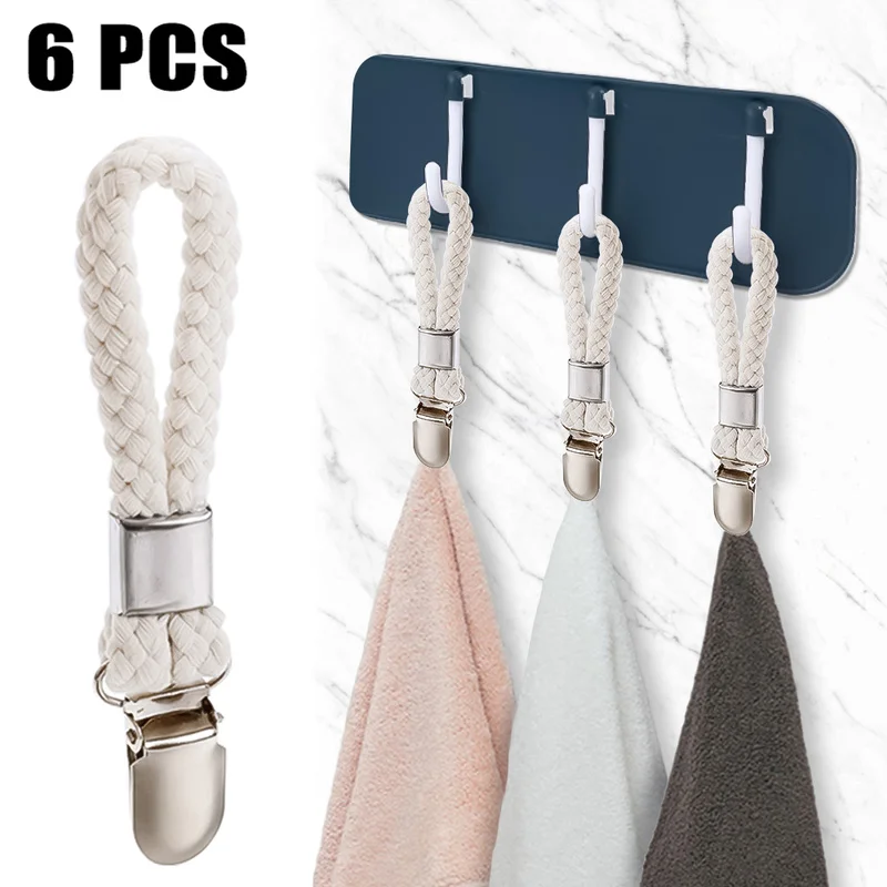 

6/4Pcs Towel Hanging Clips Braided Cotton Rope Loop Anti-Rust Clips Cloth Hangers for Bathroom Kitchen Organizer Cloth Hanger