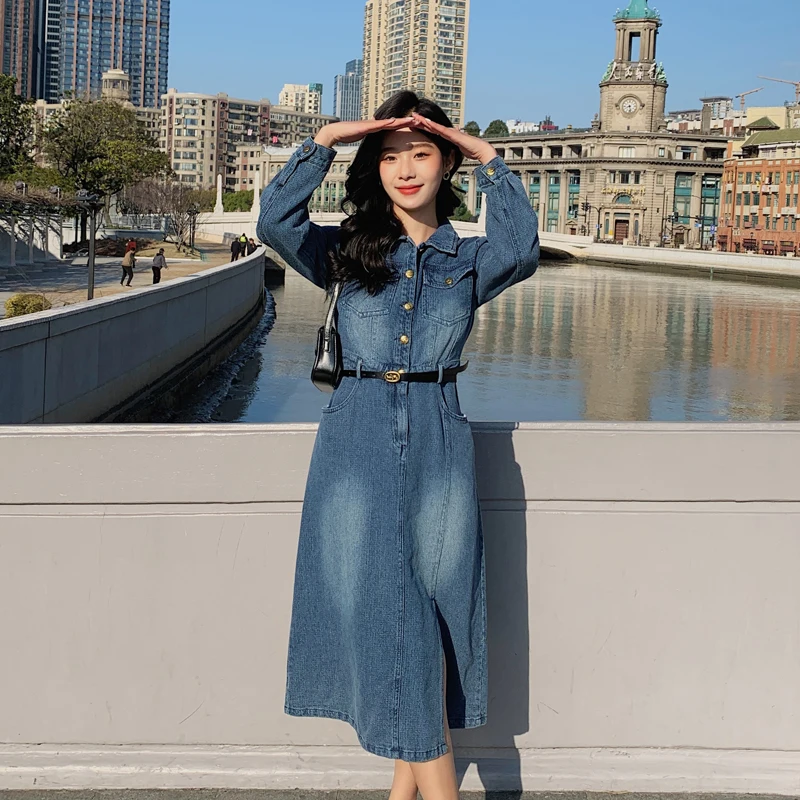 

Jacquard Washed Denim Dress with Belt 2023 Spring Autumn Women Elegant Vintage Long Sleeve Lapel Slim Casual Shirt Dresses 0313