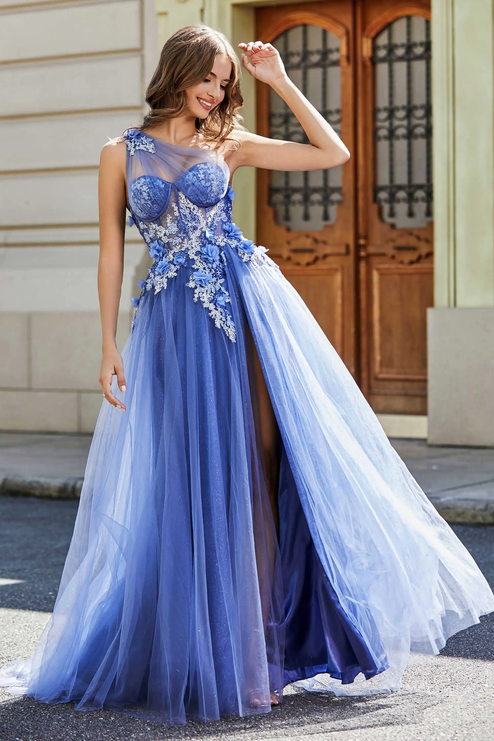 

Tulle One-Shoulder A-line Prom Dresses Sweetheart Backless High Slit Long Graduation Dress 3D Floral Applique Sequins Party Gown