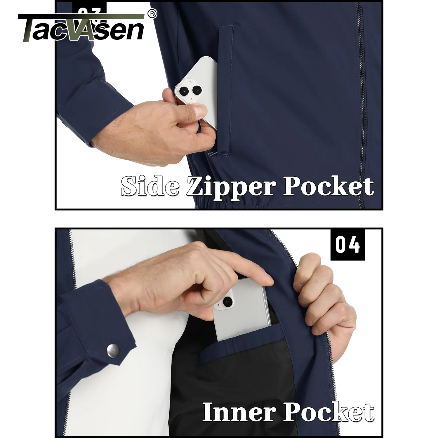 TACVASEN 경량 작업 재킷 남성 패션 튜닉 스타일 지퍼 포켓 폭격기 재킷 전체 지퍼 봄 가을 재킷 아웃웨어