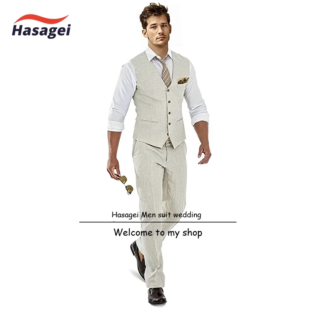 Suit for Men Linen Vest Pants Set of 2 Summer Breathable Groom Tuxedo Wedding Formal Slim Fit Set Clothes
