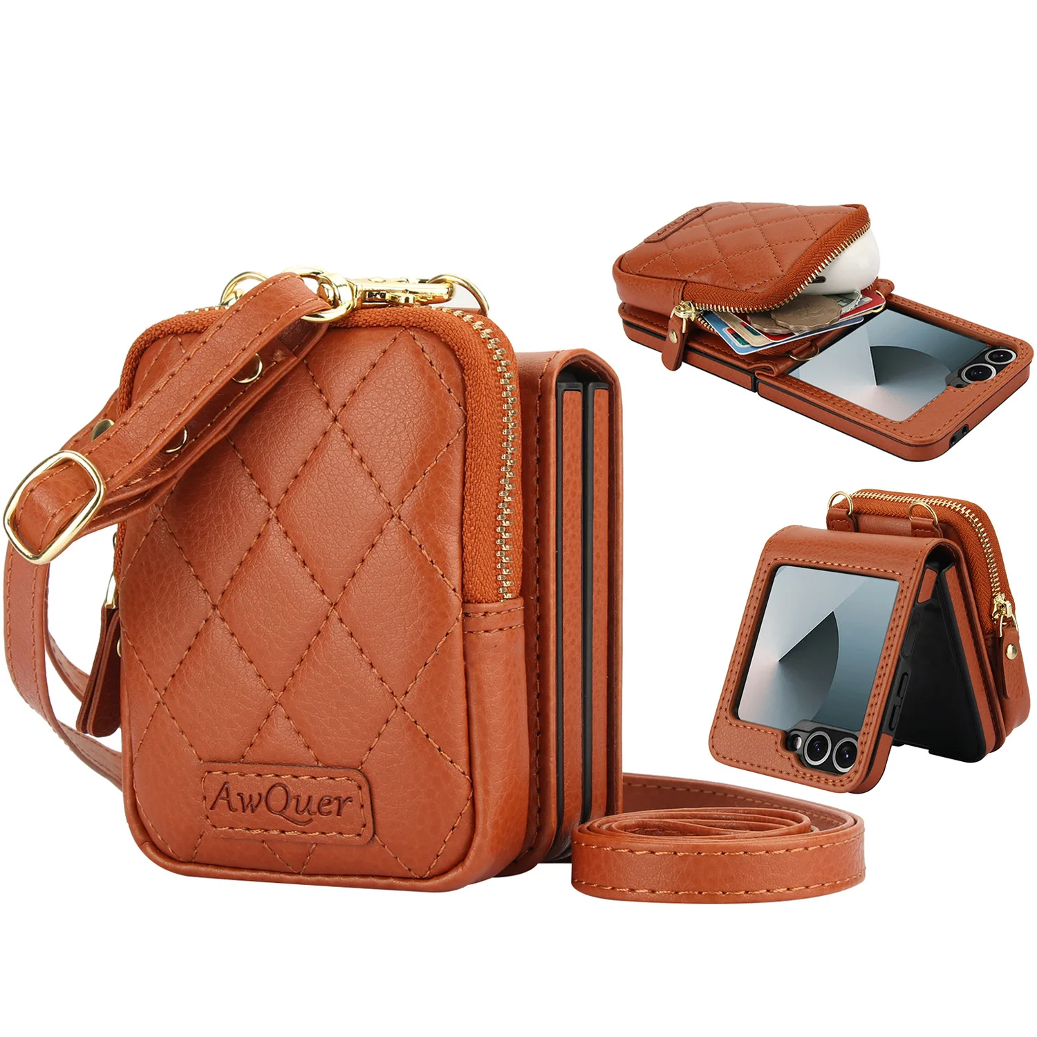 Luxury Crossbody Lychee Leather Wallet Case with Long Lanyard Protective Cover