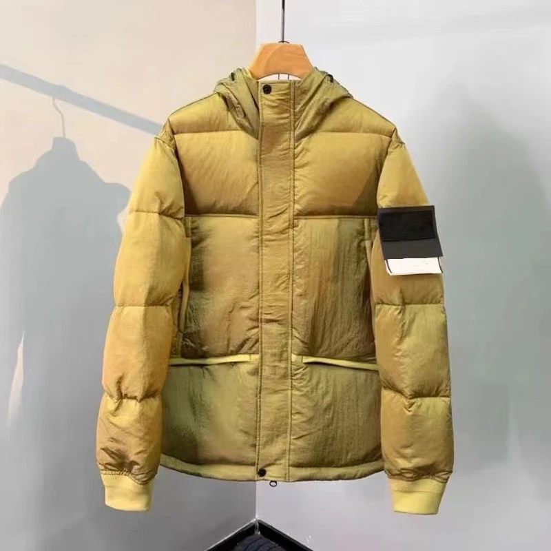 

Jaket parka Down Pria Wanita, mantel luar ruangan berlapis katun berkerudung angin Kompas nilon logam tahan air musim dingin