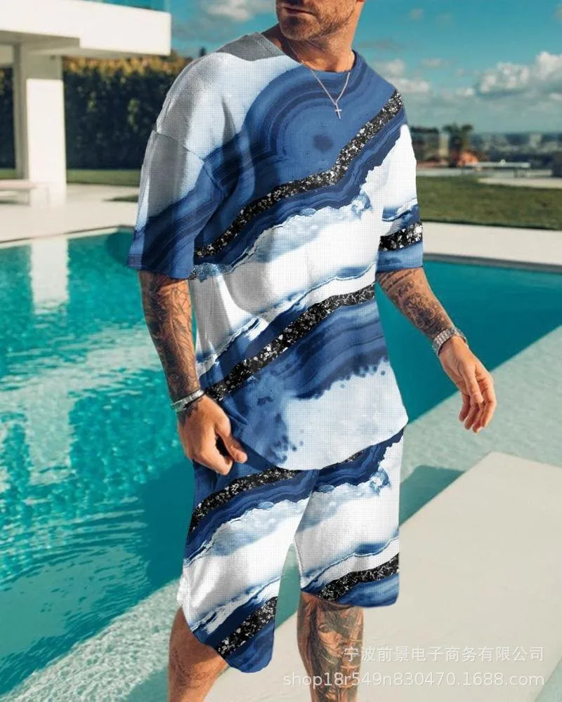 

3D Digital printed men's summer crew-neck short-sleeved shorts set Men's casual fashion simple 2-piece set