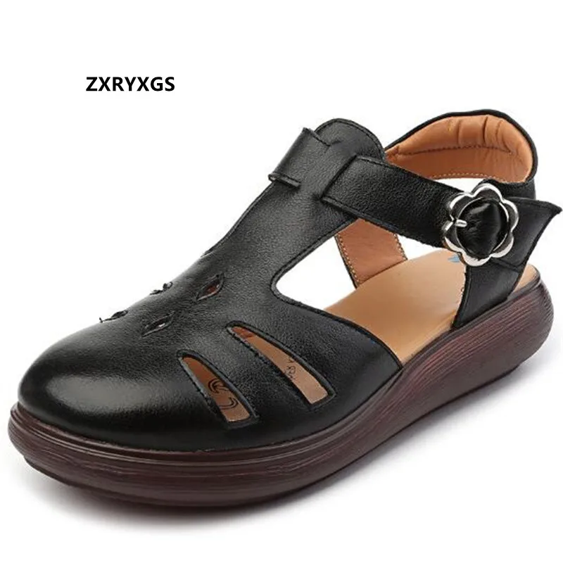

2022 New Summer Round Toe Top Soft Cowhide Sandals Flat Thick Bottom Wedges Sandals Comfort Large Size Women Leather Sandals
