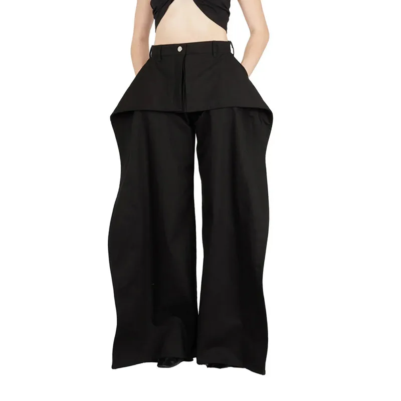 BPN Minimalist Loose Jeans For Women High Waist Patchwork Pockets Casual Solid Wide Leg Denim Trousers Female Fashion Clothing