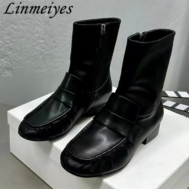 

New Pleated Flat Work Boots Women Genuine Leather Round Toe Comfort Ankle Boots Female Black Leisure Chelsea Boots Woman