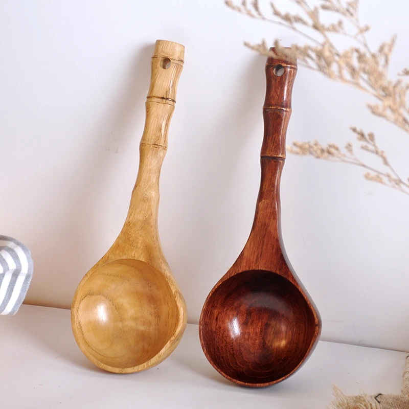 Mini Water Scoops Wooden Water Ladle Spoon Kitchen Cooking Soup Spoons Long Handle Scoop Rice Ladle Kitchen Tool Utensils
