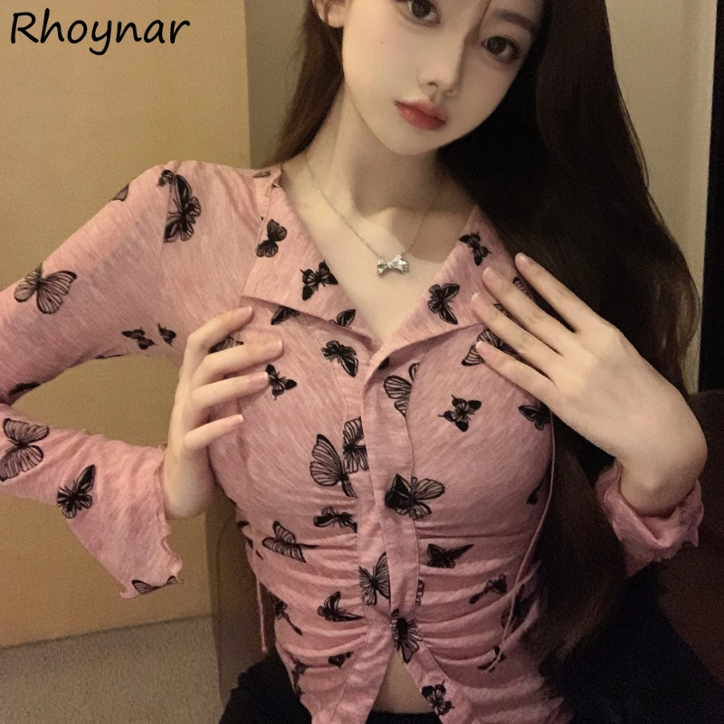 

Women Shirts Butterfly Printing Button-up Slim-fit Female Long Sleeve Shirt Autumn Vintage Skinny Tops V-neck All-match Sexy