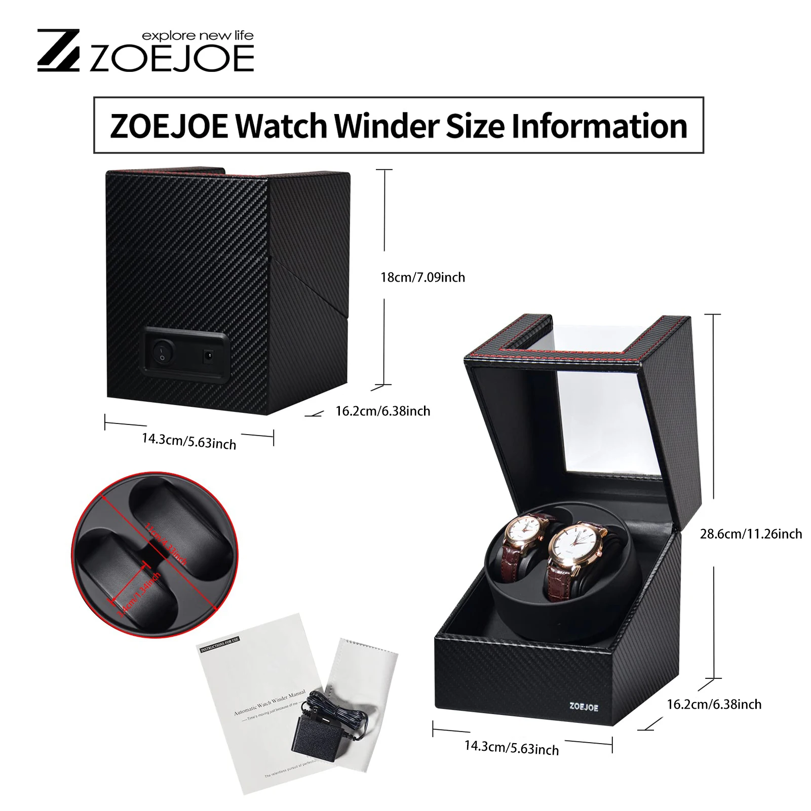 ZOEJOE 2+0 시계 와인더, 탄소 섬유 질감, 조용한 모터, 컴팩트 사이즈, 남성 여성을 위한 자동 기계식 시계 보관함