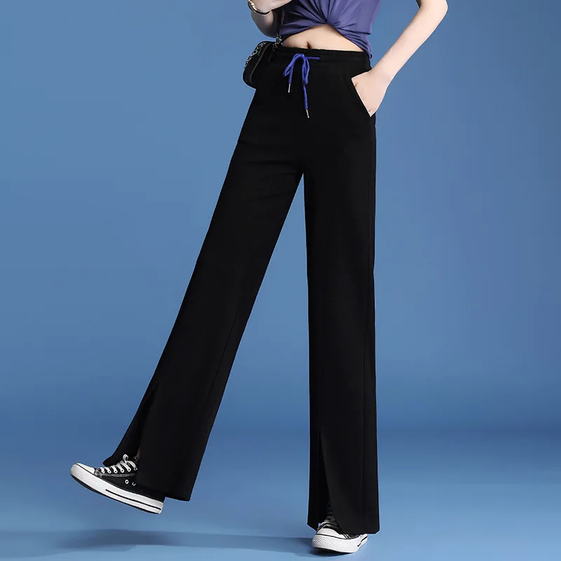 plaid pants 2022 Spring Summer Split Wide-leg Pants Women High-waist Slim Loose Straight Leg Pants Female Drawstring Casual Sports Trousers capri jeans for women Pants & Capris