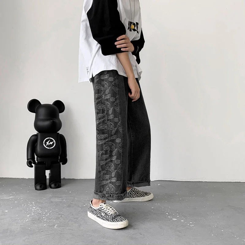 

Washed Jeans Loose Stitching Printed Cashew Flower Casual Denim Pants Street Trend Hiphop Nine-point Straight Men's Trousers