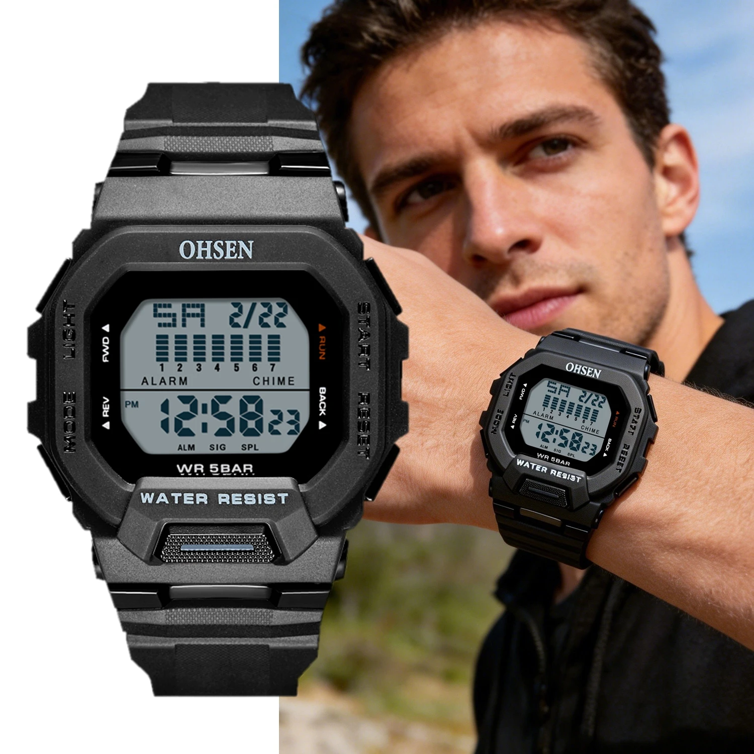 Men's Tactical Digital Sport Watch - 50M Waterproof, Green, Outdoor Electronic Wristwatch Gift