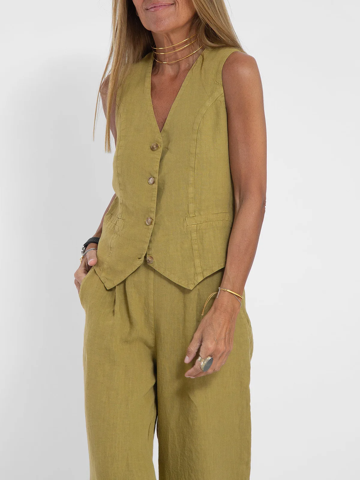 thumbnail image 1 of Moda Casual chaleco liso pantalones traje para mujer nuevo verano cuello pico botón Top bolsillo cintura elástica pantalones trajes traje de dos piezas, 1 of 5