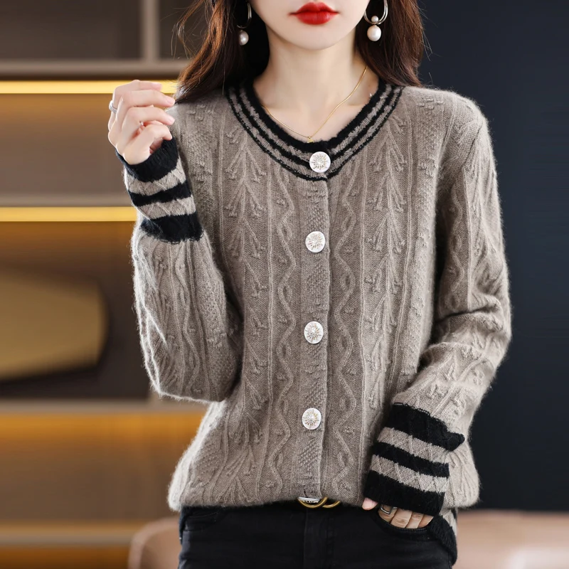 

Cashmere Sweater Women's Knitting Color Contrast Clothing O-Neck Loose Thick Top New Autumn and Winter 100% Merino Wool Sweater