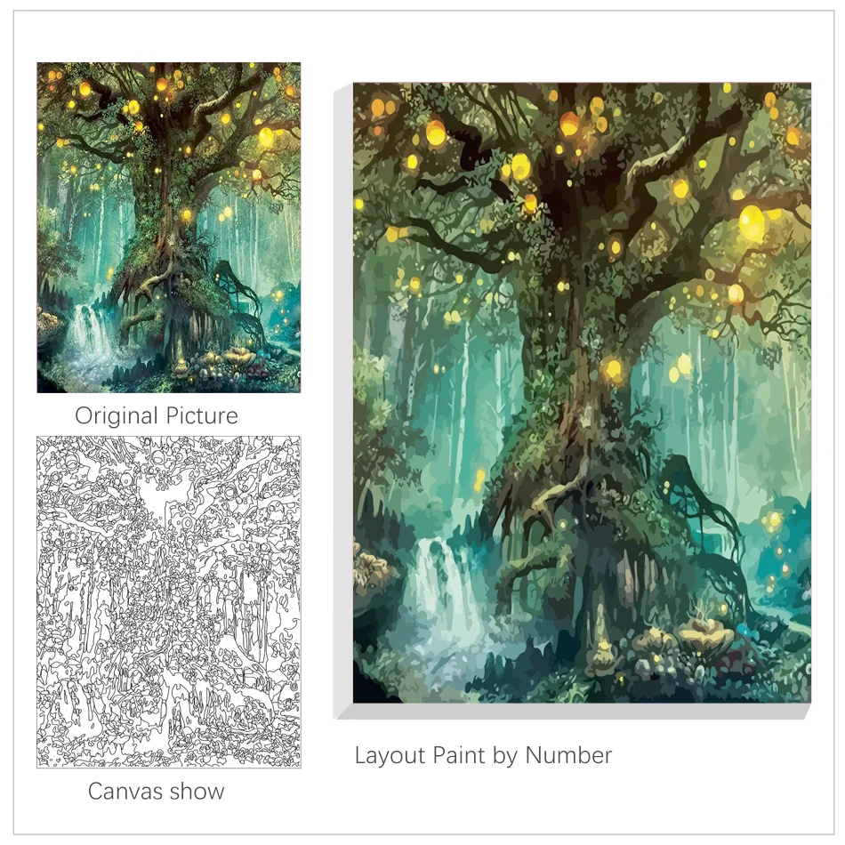 Kits de peinture à l'huile par numéros, forêt magique, arbres anciens,  abstrait, image sur toile - AliExpress, image size:950x950