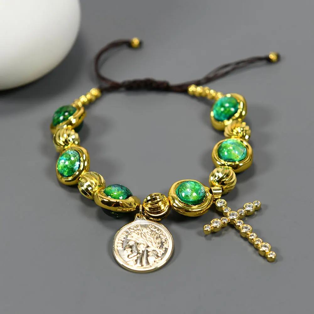 

GG Green Murano Glass Bracelet Gold Plated Edge Cross Crucifix Freedom Coin Charms Adjustable Handmade Lady Jewelry Gift