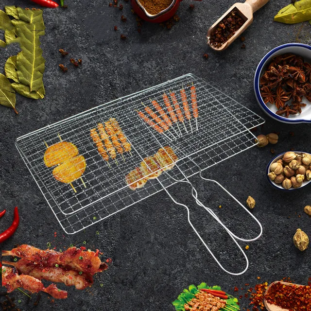 Rozsdamentes Acél Nem Bot Bbq Grill Borító Dupla Rétegű Nettó Grillezett Klip Halhús Kemping Piknik Élelmiszertartók Háló - Image 2