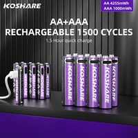 KOSHARE 1.5V Rechargeable Li-ion Batteries AA 4255 mWh AAA 1000 mWh USB Type-C Lithium Battery for Outdoor Gear Electronic Toys 4