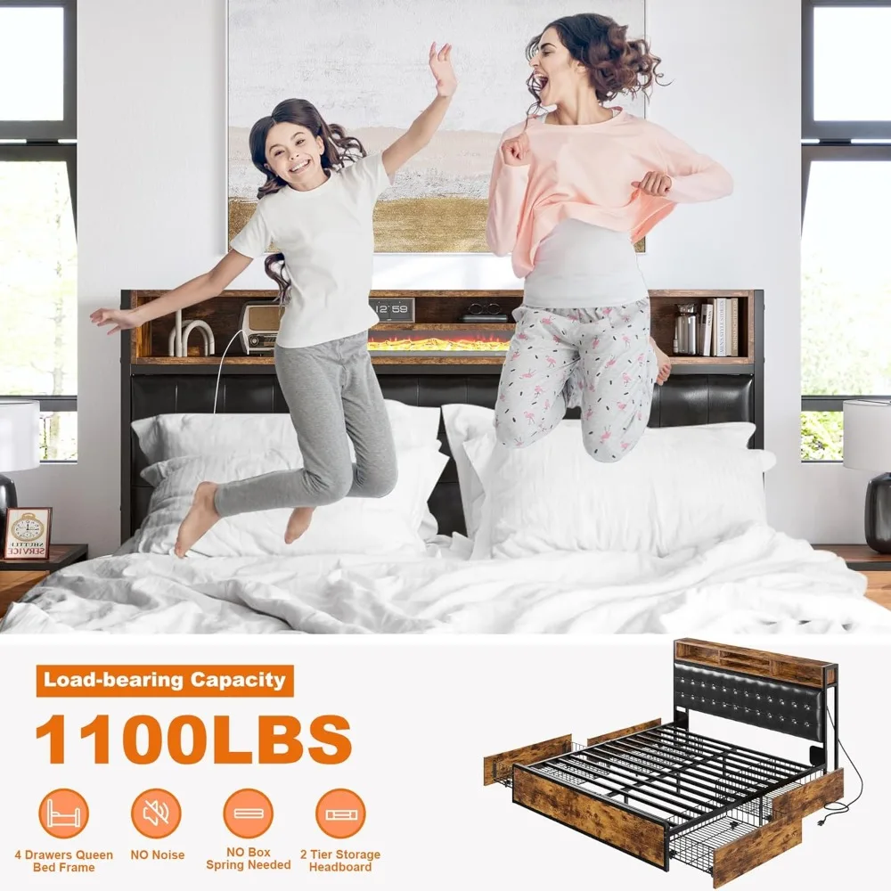 Queen Bed Frame with 4 Storage Drawers and Upholstered Headboard Meal Bed Frame Queen Size Built in Charging Station,Noise Free 6