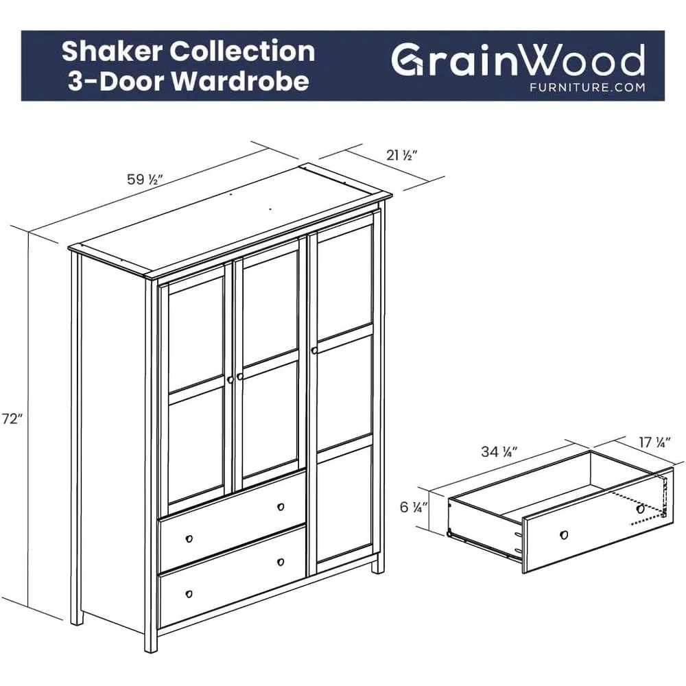 Shaker 3-Door Wardrobe, Solid Wood with a Walnut Finish  multifunctional furniture  home furniture 2