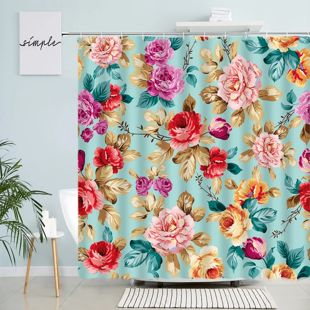 

Floral Shower Curtains Pink Red Flowers Leaves Creative Design Printed Fabric Bath Curtain Modern Bathroom Decor Sets with Hooks