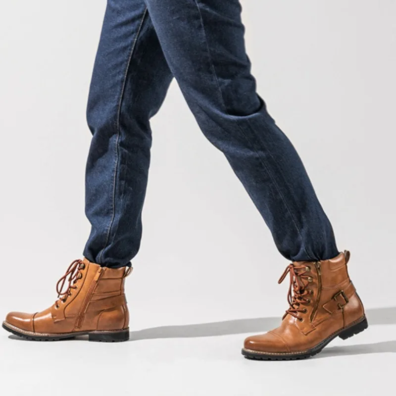 High Top Men Boots Metal Double Zipper Boots for Men Leather Military Ankle Boots Retro Man Motorcycle Boot Zapatos Para Hombres