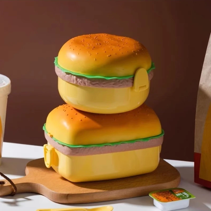 Double Tier Cute Burger Bento Box - Fun & Practical Lunch Container Set with Fork